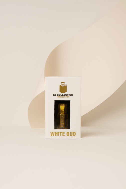 Premium White Oud attar by SZ Collection with Conematic background