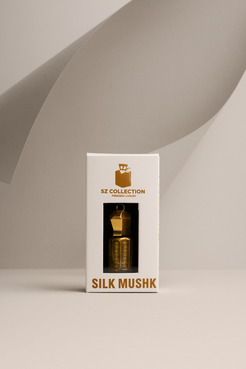 Premium Silk Mushk attar by SZ Collection with Conematic background